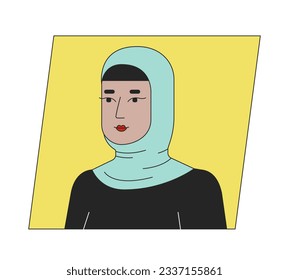 Arab woman wear hijab flat color cartoon avatar icon. Pretty muslim lady. Editable 2D user portrait linear illustration. Isolated vector face profile clipart. Userpic, person head and shoulders