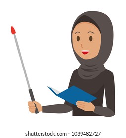 An arab woman wearing ethnic costumes has a pointer