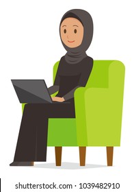 An Arab Woman Wearing Ethnic Costumes Is Sitting On A Sofa And Operating A Laptop Computer