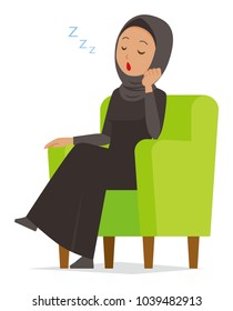 An arab woman wearing ethnic costumes is sleeping on a sofa