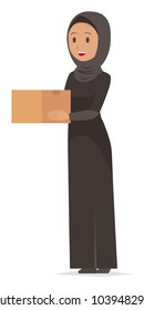 An arab woman wearing ethnic costumes has a box