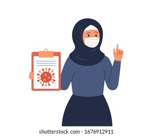 Arab woman wearing hijab and protective face mask reports information and news about the viral infectious disease. Coronavirus epidemic concept