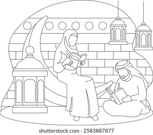Arab Woman wearing Hijab and Sitting on Moon vector icon design Ramadan Eid al-Fitr Banner Muslim fasting month scene Arabic holidays illustration, Couple Seeking Forgiveness on Laylat al-Qadr concept