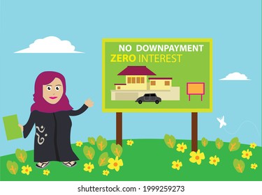 An Arab Woman working as a property agent presents a house and lot or car for prospective clients. Editable Clip Art.