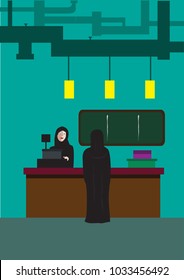Arab Woman works in a counter of a store, shop or mall grocery.
