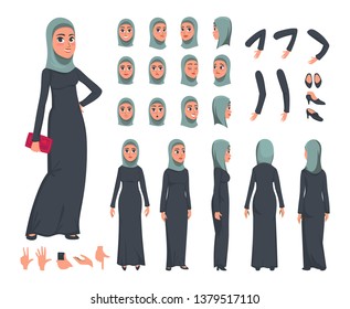 Arab Women Character Constructor Set In Flat Style. Muslim Girl DIY Set With Different Facial Expressions And Moving Arms And Head. Arabic Women Wearing Traditional Clothing Front, Rear, Side View. 