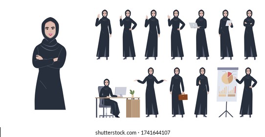 Arab Women Character. Different Poses And Emotions. Vector Illustration In A Flat Style. Saudi Girl