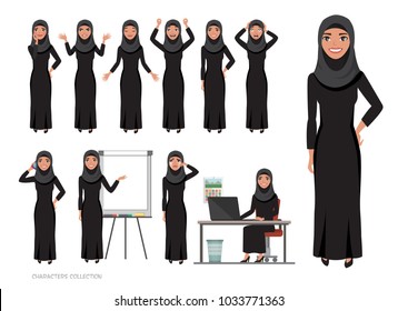 Arab women character set of emotions. Arabian woman with hijab