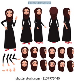 Arab women character set of emotions. Cartoon style, flat vector illustration.