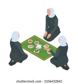 Arab women drinking tea on floor on their knees isometric icon 3d vector illustration