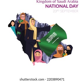 Mujeres y familias árabes celebran el Día Nacional Saudita. Las mujeres árabes portaban una bandera saudita. Una joven árabe ondea la bandera saudita en el Día Nacional. Ciudadano saudita presenta una bandera para el día nacional