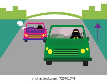 Arab women in traditional abaya dress drives car or a ride-hailing taxicab along a highway. Editable Clip Art. 