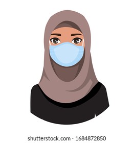 Arab women wearing medical mask to prevent disease, flu, air pollution, contaminated air, world pollution. Vector illustration in a flat style
