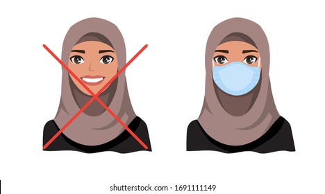 Arab women wearing medical mask to prevent disease, flu, air pollution, contaminated air, world pollution. Vector illustration in a flat style