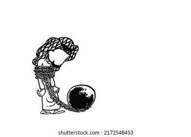 arab worker chained and bound with big iron ball. Concept of trapped by something. Cartoon vector illustration design