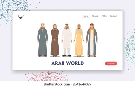 Arab World Landing Page Template. Arabic Male and Female Characters, Saudi Men Wear Thawb or Kandura and Women in Hijab or Abaya Traditional Clothes, Muslim Culture. Cartoon People Vector Illustration