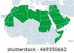 Arab World political map, also called Arab nation, consists of twenty-two arabic-speaking countries of the Arab League. All nations in green color, plus Western Sahara and Palestine. English labeling.
