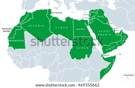 Arab World political map, also called Arab nation, consists of twenty-two arabic-speaking countries of the Arab League. All nations in green color, plus Western Sahara and Palestine. English labeling.