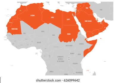 Arab World states political map with higlighted 22 arabic-speaking countries of the Arab League. Northern Africa and Middle East region. Vector illustration.
