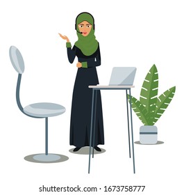 Arab young girl working in the office. Muslim business woman wearing hijab and black abaya. Vector illustration in flat cartoon style