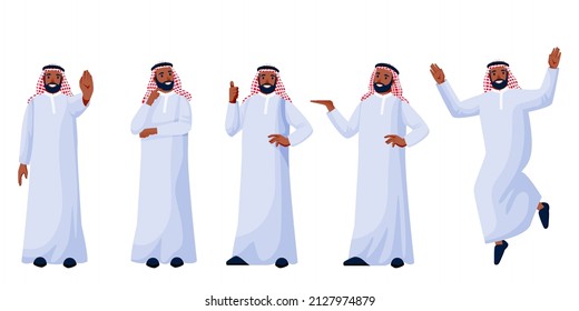 Arab young happy men in traditional clothing in different poses isolated on white background. Arabic muslim male characters set. Vector flat cartoon illustration