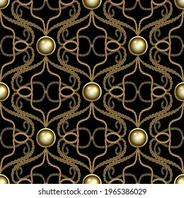 Arabesque 3d seamless pattern. Modern ornamental vector greek background. Repeat jewelry gold strings ornaments. Textured design with golden 3d buttons, ropes, string, lines, greek key, meanders.