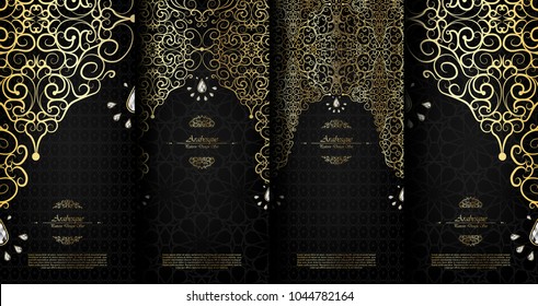 Arabesque Abstract Islamic Element Classy Black And Gold Background Card Template Vector Set Design