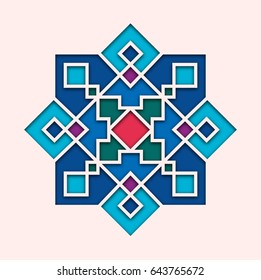 Arabesque, arabic tile, orient colorful stained-glass. Design for Eid Mubarak, Ramadan, decorative islamic vignette for mosque 3d