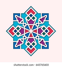 Arabesque, arabic vignette, orient colorful stained-glass. Design for Eid Mubarak, Ramadan, decorative islamic tile of mosque 3d