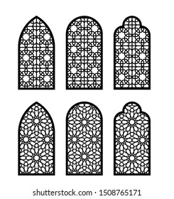 Arabesque arch window or door set. Cnc pattern, laser cutting, vector template set for wall decor, hanging, stencil, engraving