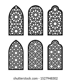 Arabesque arch window or door set. Cnc pattern, laser cutting, vector template set for wall decor, hanging, stencil, engraving. Arabesque faux window, arch, jali design.