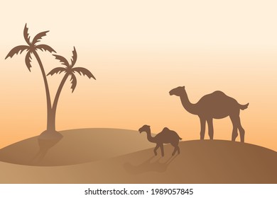 arabesque camel silhouette background vector, sunlight, desert sand, islamic religion holiday