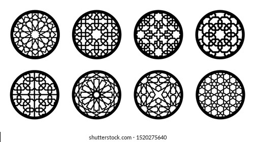 Arabesque circle, round element set for laser cutting ,stencil, engraving. Geometric arabic pattern for glass stand, cup stand, wall hanging, menu stamp design.