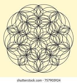 Arabesque. Circular ornament. Coloring book page. Round lattice. Mandala. Decorative elements for the stained glass window. Arabic, Indian, mystical, ottoman motifs. 