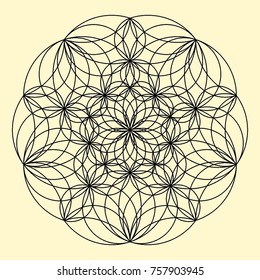 Arabesque. Circular ornament. Coloring book page. Round lattice. Mandala. Decorative elements for the stained glass window. Arabic, Indian, mystical, ottoman motifs. 