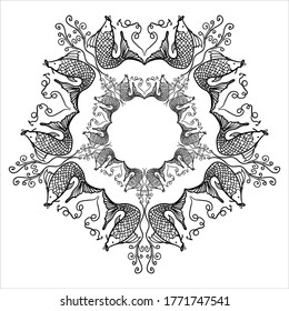 Arabesque for design template. Mandala. Luxurious oriental ornament with a picture of fish. Black-white illustration. Decor for invitations, cards, wallpapers, background, web pages.