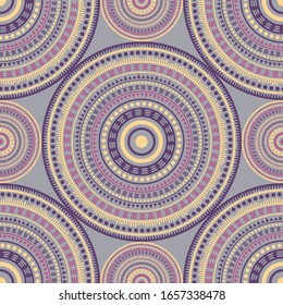 Arabesque ethnic motifs seamless pattern. Circle medallion mandala abstract tiles. Textile print template. Retro fashion pattern. Trendy circular seamless ornament. Henna mandala design.