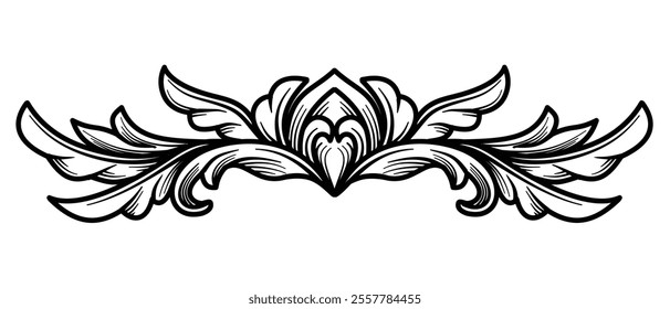 Arabesque, filigree decoration. Victorian artwork, for print, tattoo, wedding card, invitation, art deco, clip art, carving. Luxury swirl Ornament border frame, Divider baroque engraving element .