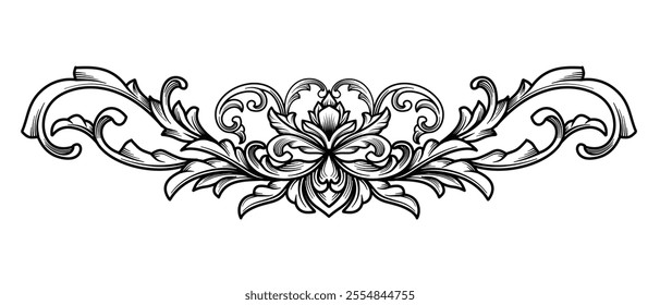 Arabesque, filigree heraldic crest with flourish floral engraved pattern ornament. Baroque engraving divider, corner, border frame design element, vector illustration