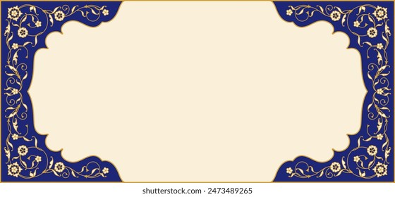 Arabesque floral muslim frame, arabian mosque border motif. Islam arab vector pattern background frame with turkish and maroccan gold flowers and vines on blue background, oriental arched borders