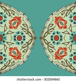 Arabesque flowers damask element seamless corner border, Oriental floral decoration print for design template vector illustration. Blue red  background