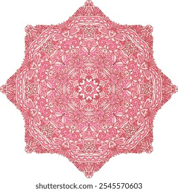 Estampado de diseño de estilo de arte popular arabesco en colores rosa pastel. Medallón étnico de filigrana de intrincado Vector. Arte de mandala psicodélico ornamental tribal de color rojo y rosa apagado