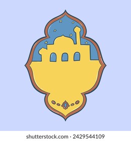 arabesque frame with mosque silhouette and geometric patterns