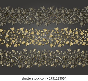 Arabesque golden seamless floral pattern. Branches with flowers, leaves and petals