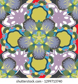 Arabesque. Intersecting curved elegant stylized leaves and scrolls forming abstract floral ornament in Arabic style. Vintage abstract vector floral seamless pattern in green, brown and blue colors.