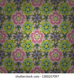 Arabesque. Intersecting curved elegant stylized leaves and scrolls forming abstract floral ornament in Arabic style. Vintage abstract vector floral seamless pattern in pink, yellow and blue colors.