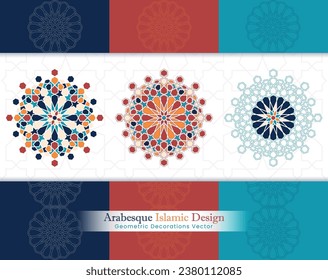 Colección de pancartas islámicas árabes. Conjunto de patrones arabescos de fondo vectorial. Ornamentos abstractos de color. Puede usarlo para fondos, invitaciones, tarjetas de visita, banners, fondos de escritorio