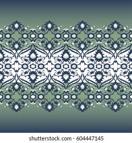 Arabesque lace damask seamless border floral decoration print for design template vector. Eastern style pattern. Ornamental illustration for invitation, greeting card, wallpaper, wedding invitation
