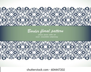 Arabesque lace damask seamless border floral decoration print for design template vector. Eastern style pattern. Ornamental illustration for invitation, greeting card, wallpaper, wedding invitation