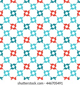 Arabesque lattice of stylized red and blue four-petal flowers on white background. Seamless repeat.